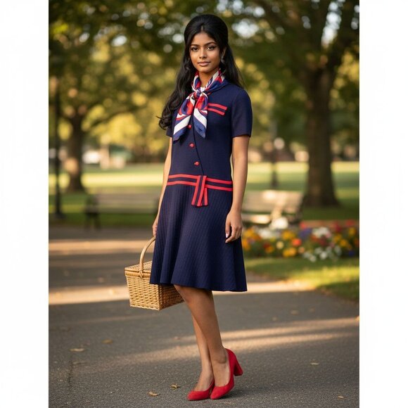 60s–70s Navy & Red Trevira® Wool Blend Day Dress by Elle Couture - UK Vintage - Picture 6 of 16